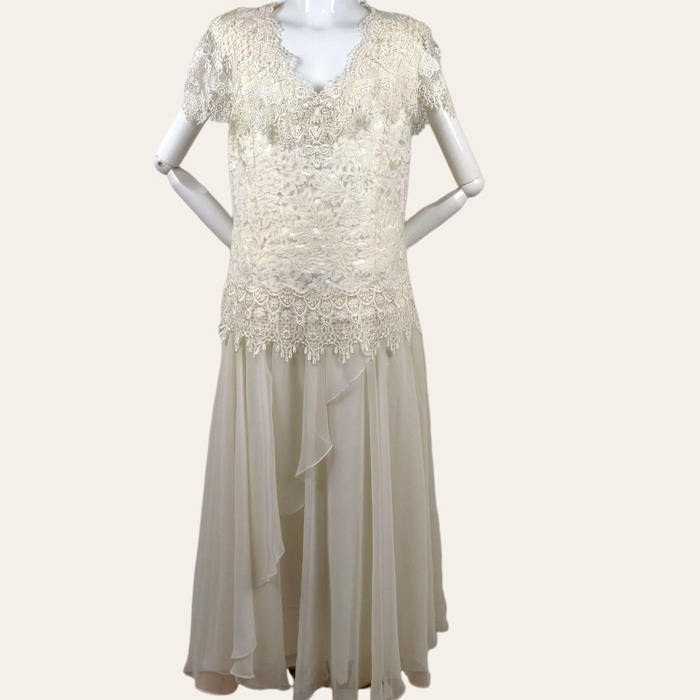 Vintage 1980s Jessica McClintock Lace Flapper Dress Party Dress Drop Waist Sheer